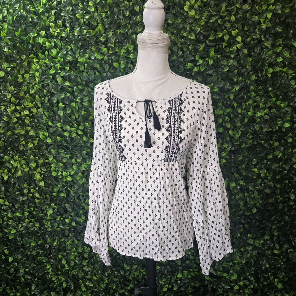 White Peasant Blouse with Black Embroidery and Tassel Tie